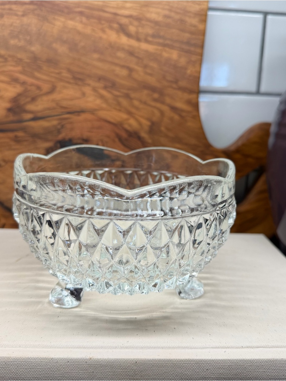 Vintage Indiana Glass Clear Diamond-Cut Footed Bowl
